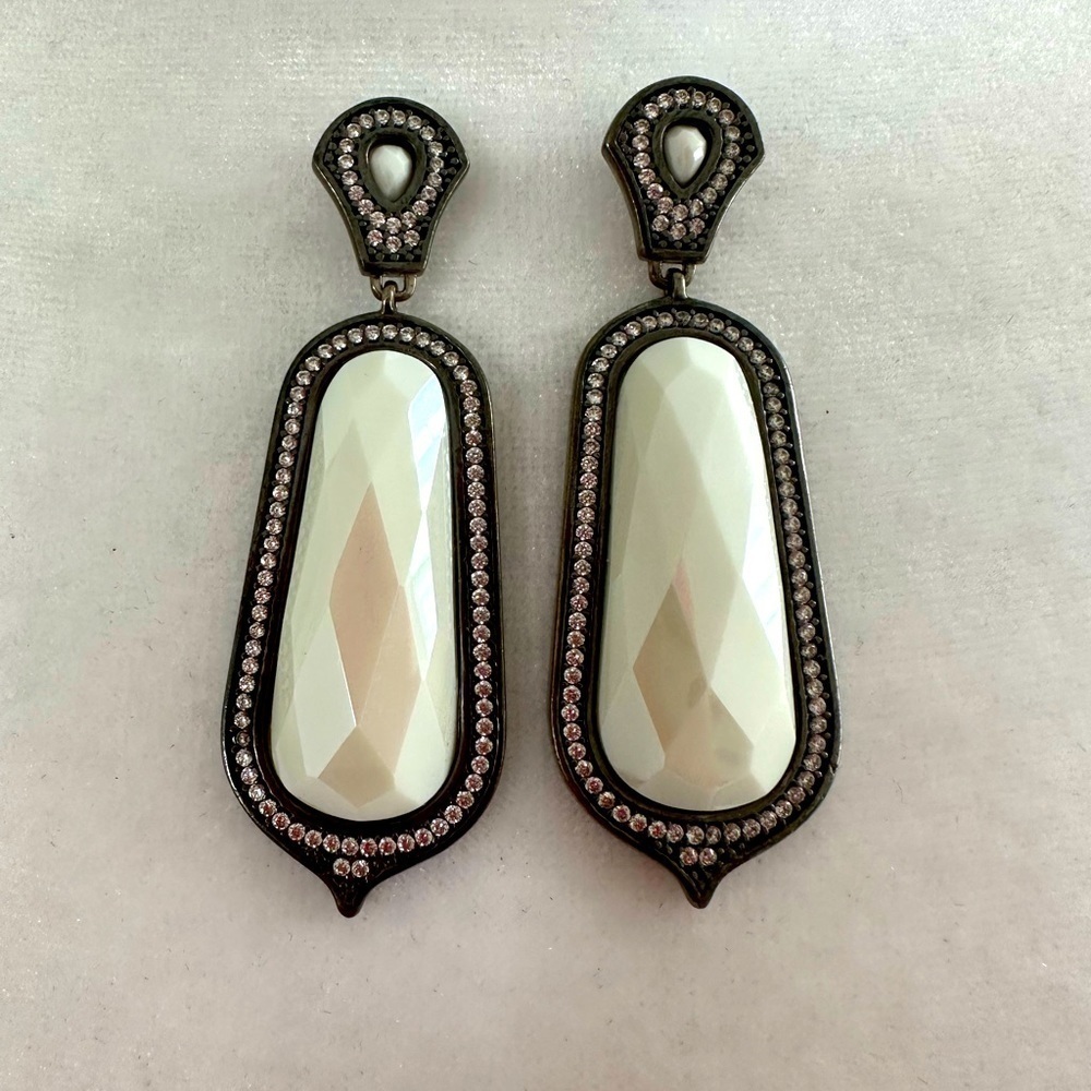 Sterling Silver Drop Pierced Earrings, Rhinestones surround a white quartz stone